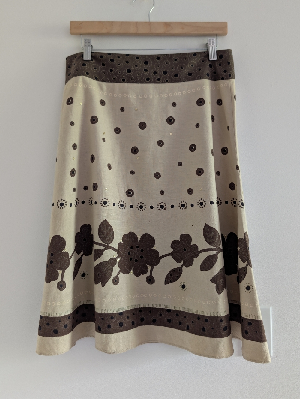 Linen Cotton Blend Beige and Brown Floral A-Line Skirt
